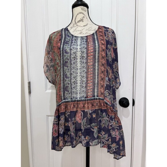 LOGO by Lori Goldstein Women's Sheer Cover Up Top Ruffle Loose Sz Medium Resort - Picture 1 of 7